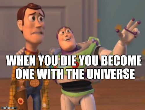 A really nice way of saying there's no hope | WHEN YOU DIE YOU BECOME ONE WITH THE UNIVERSE | image tagged in memes,x x everywhere | made w/ Imgflip meme maker