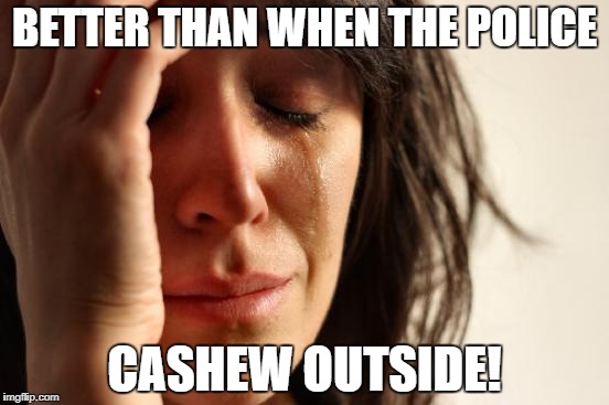 First World Problems Meme | BETTER THAN WHEN THE POLICE CASHEW OUTSIDE! | image tagged in memes,first world problems | made w/ Imgflip meme maker