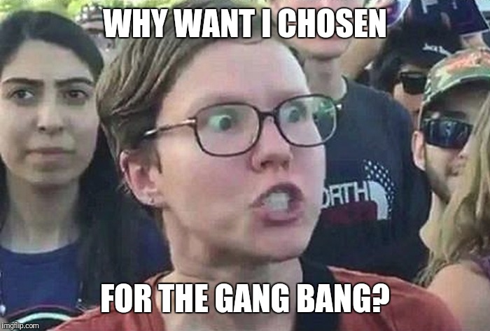 Triggered Liberal | WHY WANT I CHOSEN; FOR THE GANG BANG? | image tagged in triggered liberal | made w/ Imgflip meme maker