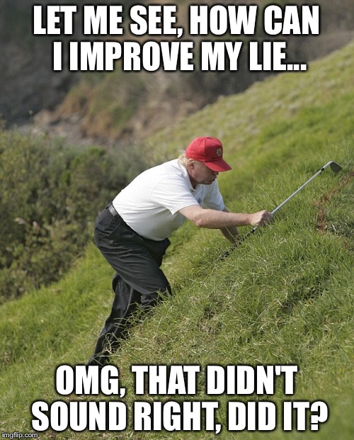 Trump on course | LET ME SEE, HOW CAN I IMPROVE MY LIE... OMG, THAT DIDN'T SOUND RIGHT, DID IT? | image tagged in trump golf | made w/ Imgflip meme maker