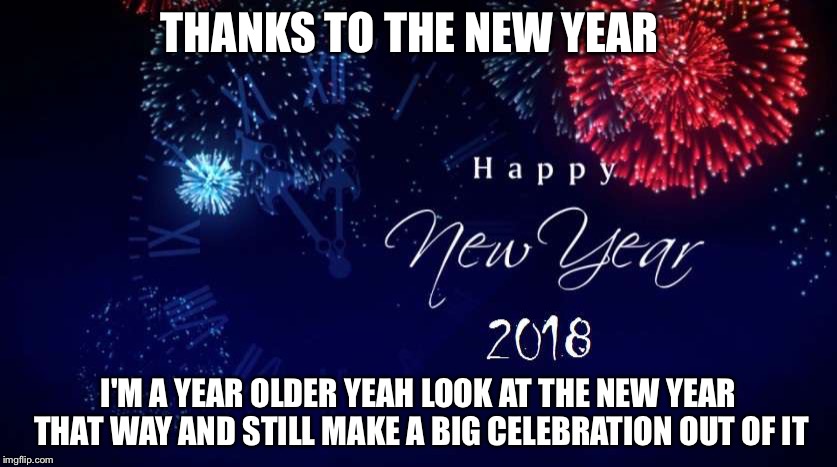 happy new year | THANKS TO THE NEW YEAR; I'M A YEAR OLDER YEAH LOOK AT THE NEW YEAR THAT WAY AND STILL MAKE A BIG CELEBRATION OUT OF IT | image tagged in happy new year | made w/ Imgflip meme maker