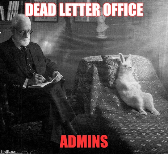 DLO  admins | DEAD LETTER OFFICE; ADMINS | image tagged in freud and rabbit | made w/ Imgflip meme maker