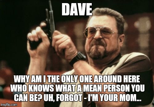 Am I The Only One Around Here Meme | DAVE; WHY AM I THE ONLY ONE AROUND HERE WHO KNOWS WHAT A MEAN PERSON YOU CAN BE? UH, FORGOT - I'M YOUR MOM... | image tagged in memes,am i the only one around here | made w/ Imgflip meme maker