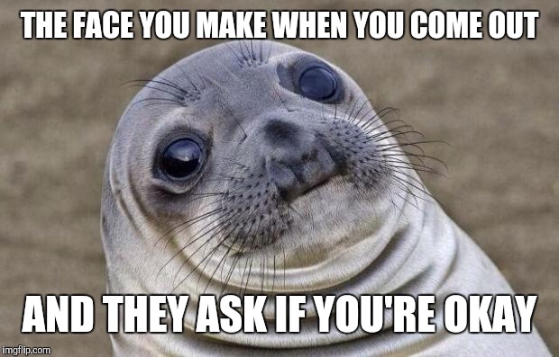 Awkward Moment Sealion Meme | THE FACE YOU MAKE WHEN YOU COME OUT AND THEY ASK IF YOU'RE OKAY | image tagged in memes,awkward moment sealion | made w/ Imgflip meme maker