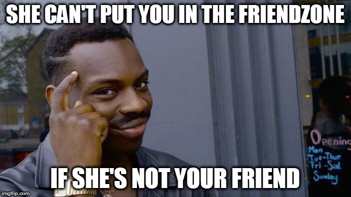 Roll Safe Think About It Meme | SHE CAN'T PUT YOU IN THE FRIENDZONE; IF SHE'S NOT YOUR FRIEND | image tagged in memes,roll safe think about it,friendzone,enemy,stranger,i don't think it means what you think it means | made w/ Imgflip meme maker