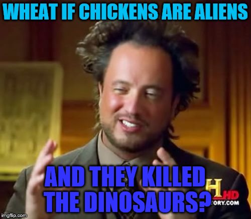 Ancient Aliens Meme | WHEAT IF CHICKENS ARE ALIENS AND THEY KILLED THE DINOSAURS? | image tagged in memes,ancient aliens | made w/ Imgflip meme maker
