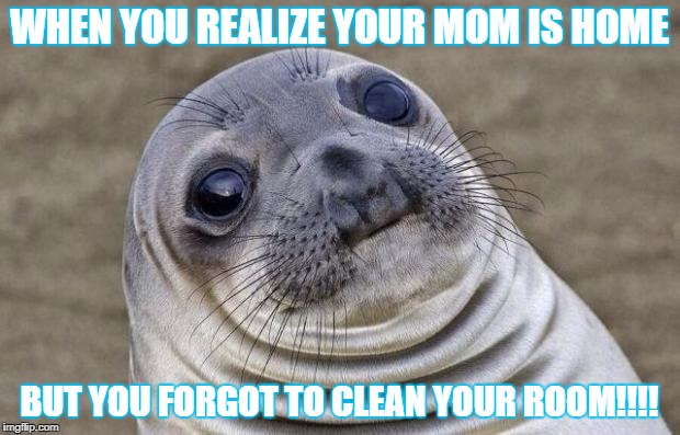 Awkward Moment Sealion Meme | WHEN YOU REALIZE YOUR MOM IS HOME; BUT YOU FORGOT TO CLEAN YOUR ROOM!!!! | image tagged in memes,awkward moment sealion | made w/ Imgflip meme maker
