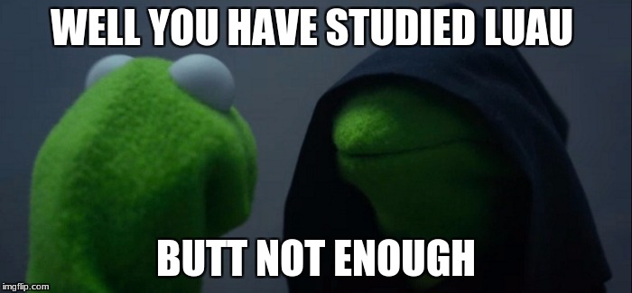 Evil Kermit Meme | WELL YOU HAVE STUDIED LUAU; BUTT NOT ENOUGH | image tagged in memes,evil kermit | made w/ Imgflip meme maker