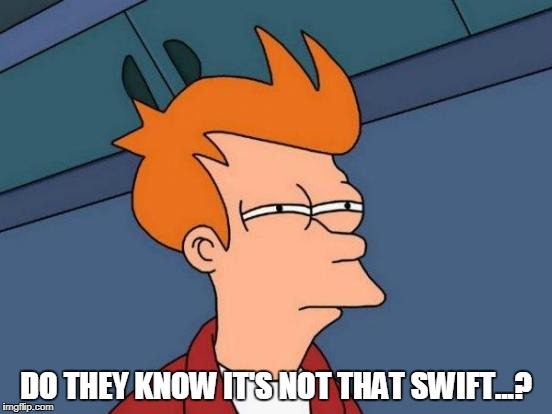 Futurama Fry Meme | DO THEY KNOW IT'S NOT THAT SWIFT...? | image tagged in memes,futurama fry | made w/ Imgflip meme maker