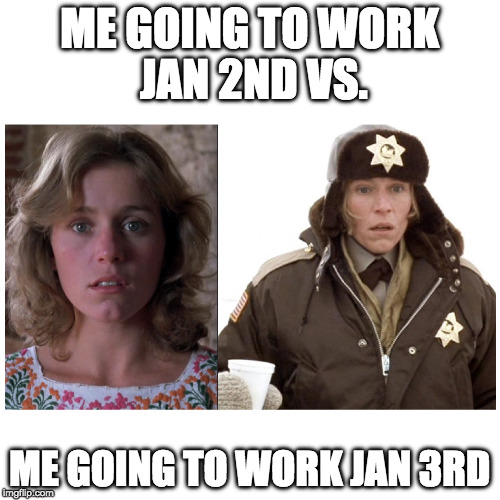Jan 2nd vs. Jan 3rd Frances McDormand | ME GOING TO WORK JAN 2ND VS. ME GOING TO WORK JAN 3RD | image tagged in frances mc dormand,cold,parkas,fargo,freezing,jan 2nd | made w/ Imgflip meme maker