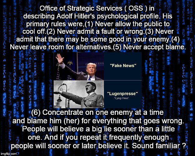 Office of Strategic Services ( OSS ) in describing Adolf Hitler's psychological profile. His primary rules were,(1) Never allow the public to cool off.(2) Never admit a fault or wrong.(3) Never admit that there may be some good in your enemy.(4) Never leave room for alternatives.(5) Never accept blame. (6) Concentrate on one enemy at a time and blame him (her) for everything that goes wrong. People will believe a big lie sooner than a little one. And if you repeat it frequently enough people will sooner or later believe it. Sound familiar ? | made w/ Imgflip meme maker