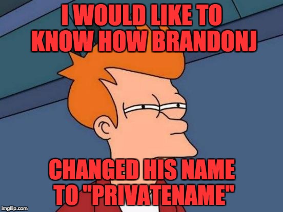 Futurama Fry | I WOULD LIKE TO KNOW HOW BRANDONJ; CHANGED HIS NAME TO "PRIVATENAME" | image tagged in memes,futurama fry | made w/ Imgflip meme maker