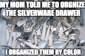Silverware | MY MOM TOLD ME TO ORGNIZE THE SILVERWARE DRAWER; I ORGANIZED THEM BY COLOR | image tagged in silver,lol,imgflip,front page | made w/ Imgflip meme maker