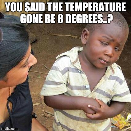 Third World Skeptical Kid Meme | YOU SAID THE TEMPERATURE GONE BE 8 DEGREES..? | image tagged in memes,third world skeptical kid | made w/ Imgflip meme maker