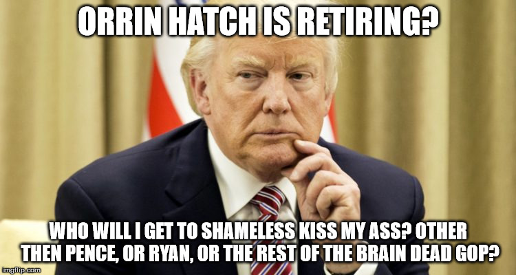 Trump pondering | ORRIN HATCH IS RETIRING? WHO WILL I GET TO SHAMELESS KISS MY ASS? OTHER THEN PENCE, OR RYAN, OR THE REST OF THE BRAIN DEAD GOP? | image tagged in trump pondering | made w/ Imgflip meme maker