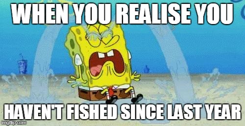 sad crying spongebob | WHEN YOU REALISE YOU; HAVEN'T FISHED SINCE LAST YEAR | image tagged in sad crying spongebob | made w/ Imgflip meme maker