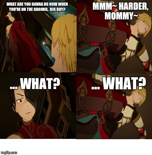 ...What? | MMM~ HARDER, MOMMY~; WHAT ARE YOU GONNA DO NOW WHEN YOU'RE ON THE GROUND,  BIG BOY? ... WHAT? ... WHAT? | image tagged in rwby,memes | made w/ Imgflip meme maker