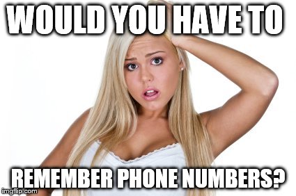 dumb blonde | WOULD YOU HAVE TO REMEMBER PHONE NUMBERS? | image tagged in dumb blonde | made w/ Imgflip meme maker