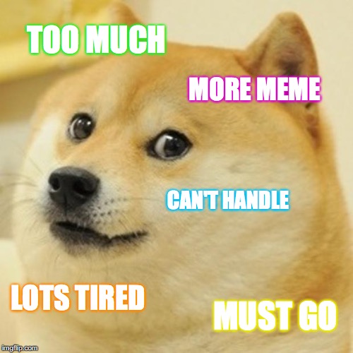 Doge | TOO MUCH; MORE MEME; CAN'T HANDLE; LOTS TIRED; MUST GO | image tagged in memes,doge | made w/ Imgflip meme maker