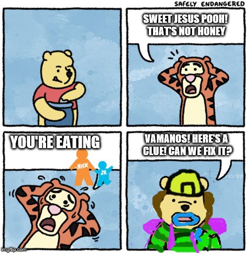 Sweet Jesus Pooh! You're Eating Nick Jr! | SWEET JESUS POOH! THAT'S NOT HONEY; YOU'RE EATING; VAMANOS! HERE'S A CLUE! CAN WE FIX IT? | image tagged in sweet jesus pooh,nick jr,dora the explorer,bob the builder,blue's clues | made w/ Imgflip meme maker