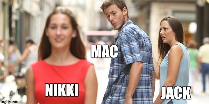 Any MacGyver fans on here?  | MAC; NIKKI; JACK | image tagged in man looking at other woman stock photo | made w/ Imgflip meme maker