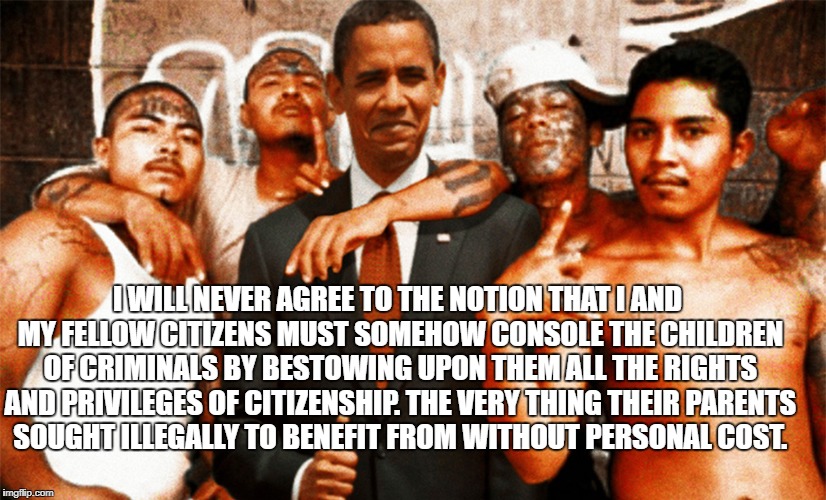 Illegals | I WILL NEVER AGREE TO THE NOTION THAT I AND MY FELLOW CITIZENS MUST SOMEHOW CONSOLE THE CHILDREN OF CRIMINALS BY BESTOWING UPON THEM ALL THE RIGHTS AND PRIVILEGES OF CITIZENSHIP. THE VERY THING THEIR PARENTS SOUGHT ILLEGALLY TO BENEFIT FROM WITHOUT PERSONAL COST. | image tagged in daca,illegalaliens | made w/ Imgflip meme maker
