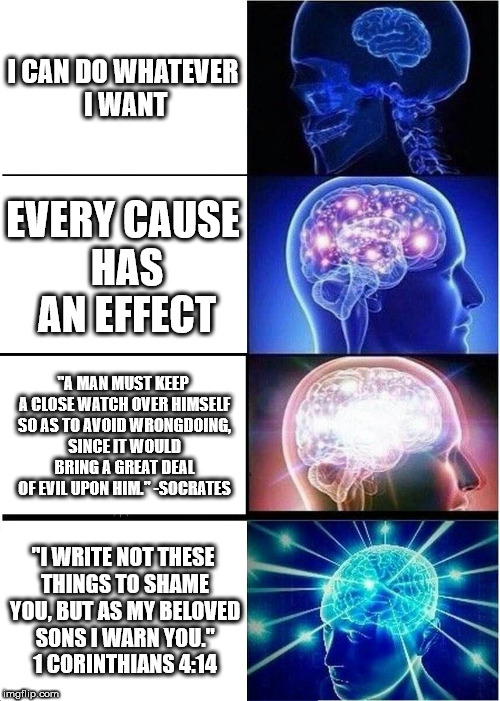 Who is the freer man, the fool who thinks he can live as he likes, or the wise man who chooses to do only that which is right? | I CAN DO WHATEVER I WANT; EVERY CAUSE HAS AN EFFECT; "A MAN MUST KEEP A CLOSE WATCH OVER HIMSELF SO AS TO AVOID WRONGDOING, SINCE IT WOULD BRING A GREAT DEAL OF EVIL UPON HIM." -SOCRATES; "I WRITE NOT THESE THINGS TO SHAME YOU, BUT AS MY BELOVED SONS I WARN YOU." 1 CORINTHIANS 4:14 | image tagged in memes,expanding brain,think | made w/ Imgflip meme maker
