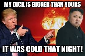 My button is bigger than yours | MY DICK IS BIGGER THAN YOURS; IT WAS COLD THAT NIGHT! | image tagged in donald trump,kim jong un,two buttons | made w/ Imgflip meme maker