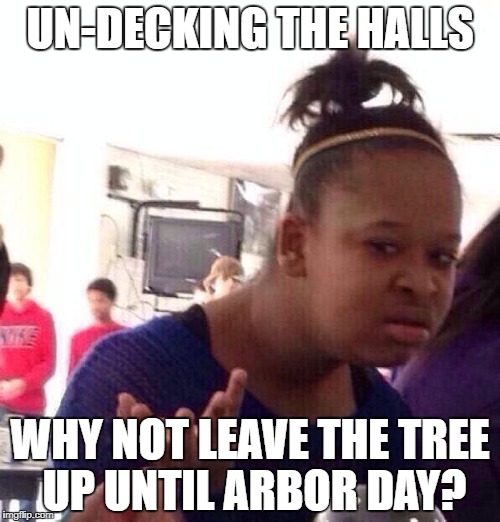 Black Girl Wat Meme | UN-DECKING THE HALLS; WHY NOT LEAVE THE TREE UP UNTIL ARBOR DAY? | image tagged in memes,black girl wat | made w/ Imgflip meme maker