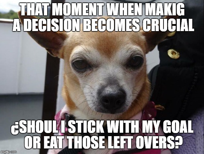 THAT MOMENT WHEN MAKIG A DECISION BECOMES CRUCIAL; ¿SHOUL I STICK WITH MY GOAL OR EAT THOSE LEFT OVERS? | made w/ Imgflip meme maker