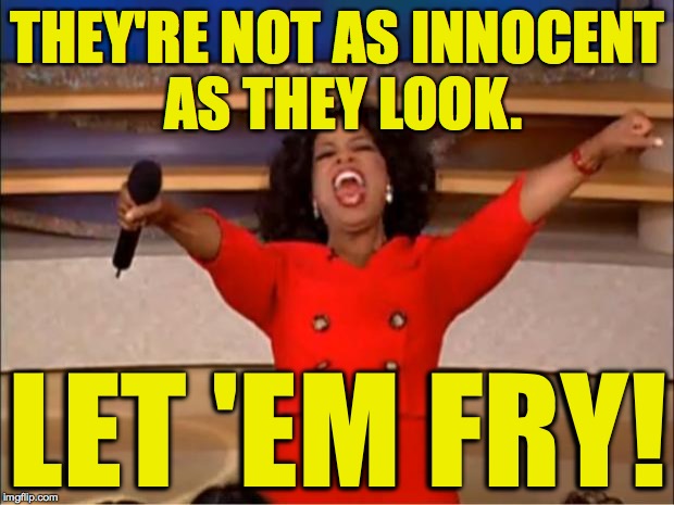 Oprah You Get A Meme | THEY'RE NOT AS INNOCENT AS THEY LOOK. LET 'EM FRY! | image tagged in memes,oprah you get a | made w/ Imgflip meme maker