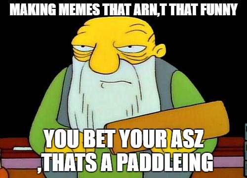 That's a paddlin' Meme | MAKING MEMES THAT ARN,T THAT FUNNY; YOU BET YOUR ASZ ,THATS A PADDLEING | image tagged in memes,that's a paddlin' | made w/ Imgflip meme maker