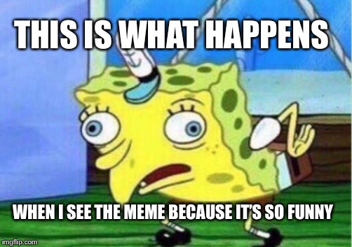 Mocking Spongebob Meme | THIS IS WHAT HAPPENS; WHEN I SEE THE MEME BECAUSE IT’S SO FUNNY | image tagged in memes,mocking spongebob | made w/ Imgflip meme maker
