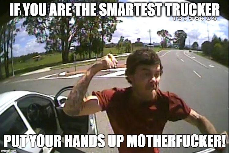 Be smart :D | IF YOU ARE THE SMARTEST TRUCKER; PUT YOUR HANDS UP MOTHERFUCKER! | image tagged in trucker,crazy,memes,driving,put your hands up in the air,madmen | made w/ Imgflip meme maker