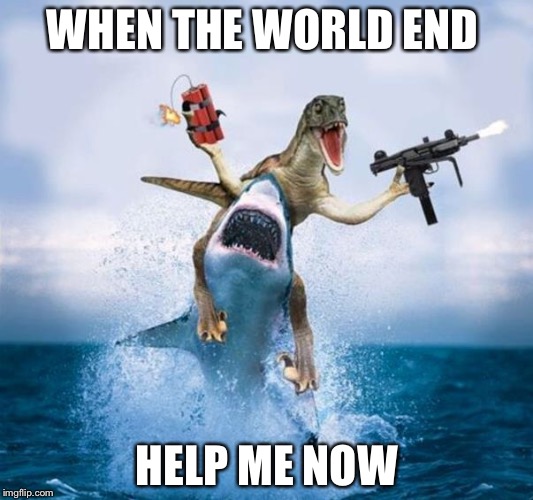 Dinosaur Riding Shark | WHEN THE WORLD END; HELP ME NOW | image tagged in dinosaur riding shark | made w/ Imgflip meme maker