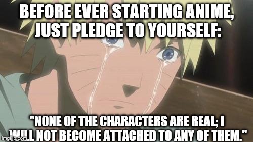 Finishing anime | BEFORE EVER STARTING ANIME, JUST PLEDGE TO YOURSELF:; "NONE OF THE CHARACTERS ARE REAL; I WILL NOT BECOME ATTACHED TO ANY OF THEM." | image tagged in finishing anime | made w/ Imgflip meme maker