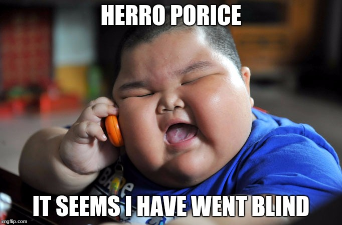 Fat Asian Kid | HERRO PORICE; IT SEEMS I HAVE WENT BLIND | image tagged in fat asian kid | made w/ Imgflip meme maker