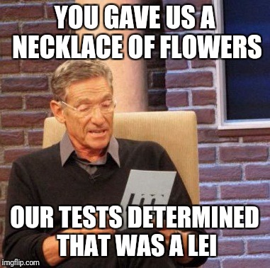 Maury Lie Detector | YOU GAVE US A NECKLACE OF FLOWERS; OUR TESTS DETERMINED THAT WAS A LEI | image tagged in memes,maury lie detector | made w/ Imgflip meme maker