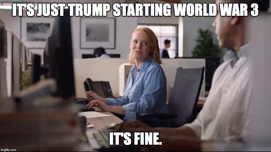 IT'S JUST TRUMP STARTING WORLD WAR 3; IT'S FINE. | image tagged in it's fine | made w/ Imgflip meme maker