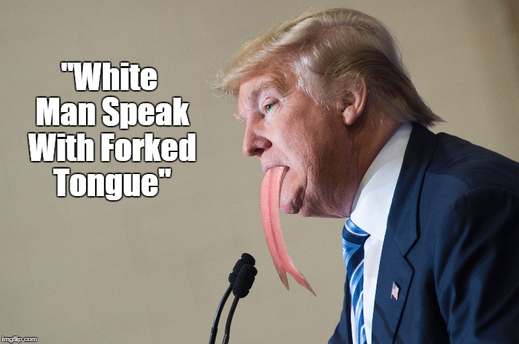 "White Man Speak With Forked Tongue" | "White Man Speak With Forked Tongue" | image tagged in deplorable donald,despicable donald,devious donald,dipshit donald,dishonorable donald,deceitful donald | made w/ Imgflip meme maker