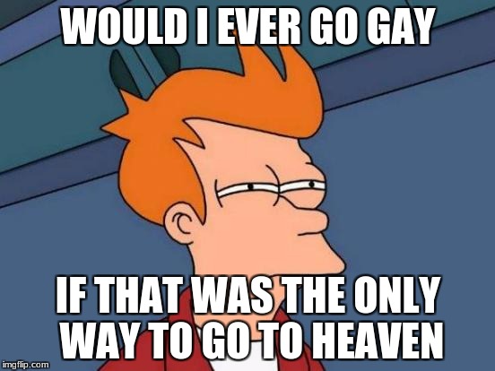 Futurama Fry Meme | WOULD I EVER GO GAY; IF THAT WAS THE ONLY WAY TO GO TO HEAVEN | image tagged in memes,futurama fry | made w/ Imgflip meme maker