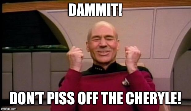 Excited Picard | DAMMIT! DON’T PISS OFF THE CHERYLE! | image tagged in excited picard | made w/ Imgflip meme maker