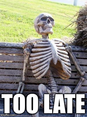 Waiting Skeleton Meme | TOO LATE | image tagged in memes,waiting skeleton | made w/ Imgflip meme maker