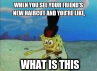 WHEN YOU SEE YOUR FRIEND'S NEW HAIRCUT AND YOU'RE LIKE, WHAT IS THIS | image tagged in look at dis | made w/ Imgflip meme maker