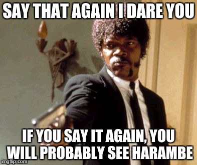 Say That Again I Dare You Meme | SAY THAT AGAIN I DARE YOU; IF YOU SAY IT AGAIN, YOU WILL PROBABLY SEE HARAMBE | image tagged in memes,say that again i dare you | made w/ Imgflip meme maker