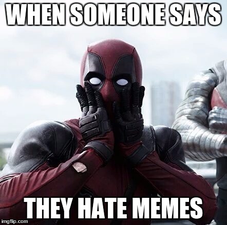Deadpool Surprised | WHEN SOMEONE SAYS; THEY HATE MEMES | image tagged in memes,deadpool surprised | made w/ Imgflip meme maker