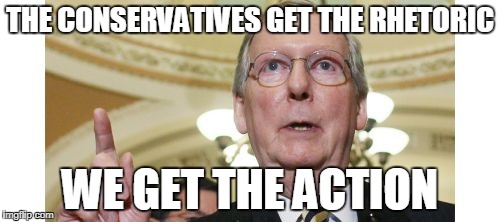 Mitch McConnell |  THE CONSERVATIVES GET THE RHETORIC; WE GET THE ACTION | image tagged in memes,mitch mcconnell | made w/ Imgflip meme maker