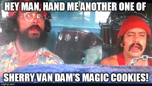 cheech and chong | HEY MAN, HAND ME ANOTHER ONE OF; SHERRY VAN DAM'S MAGIC COOKIES! | image tagged in cheech and chong | made w/ Imgflip meme maker