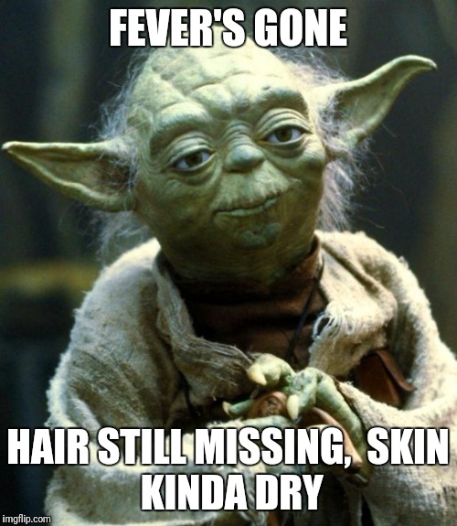 Star Wars Yoda | FEVER'S GONE; HAIR STILL MISSING,

SKIN KINDA DRY | image tagged in memes,star wars yoda | made w/ Imgflip meme maker