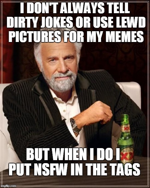 The Most Interesting Man In The World Meme | I DON'T ALWAYS TELL DIRTY JOKES OR USE LEWD PICTURES FOR MY MEMES BUT WHEN I DO I PUT NSFW IN THE TAGS | image tagged in memes,the most interesting man in the world | made w/ Imgflip meme maker